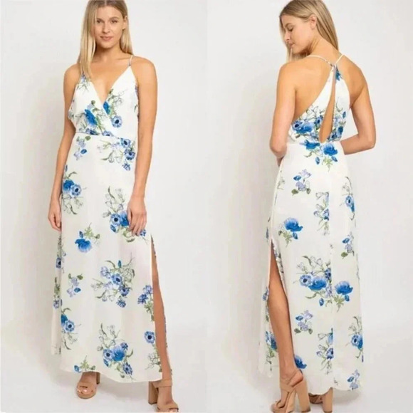 blue floral side slit Maxi Dress - Picture 2 of 6